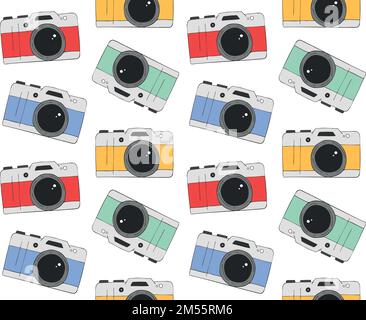 Vector seamless pattern of hand drawn doodle sketch colored photo camera isolated on white background Stock Vector