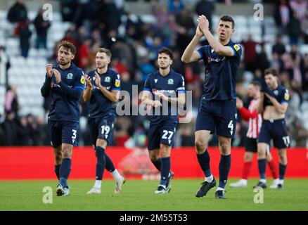 Blackburn Rovers players applaud their fans after the Sky Bet Championship match at the Stadium of Light, Sunderland. Picture date: Monday December 26, 2022. Stock Photo