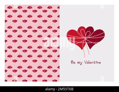Valentine's Greeting Folded Card with hearts tied with threads, and the same element. Simple Vector illustration in doodle style Stock Vector