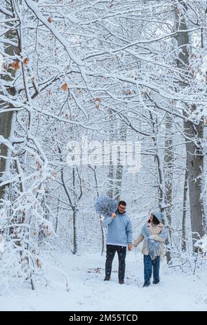 In the winter forest, a couple walks through a snowy landscape. A man is holding a Christmas tree on the shoulder Stock Photo