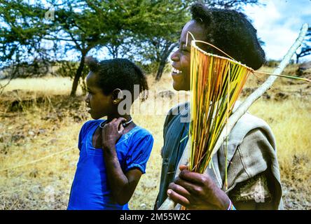 Ethiopia, 1970s, two little girls with fly swatter portrait, Oromia region, East Africa, Stock Photo