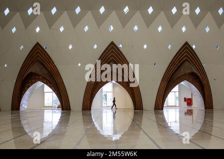 A man walks inside of the Al-Jabbar Mosque in Bandung. Masjid Raya Al-Jabbar can accommodate 20 thousand worshippers and this mosque will be inaugurated on Friday, December 30, 2022. (Photo by Algi Febri Sugita  / SOPA Images/Sipa USA) Stock Photo