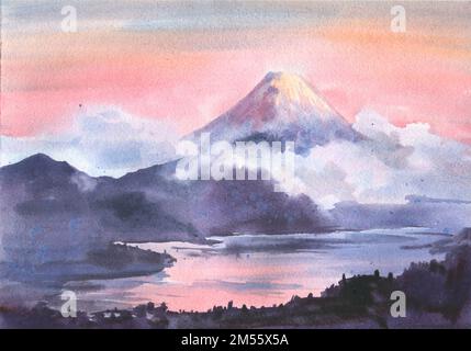 Watercolor landscape of Mount Fuji with beautiful autumn shades of