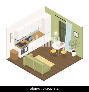 Kitchen for two - modern vector colorful isometric illustration Stock Vector
