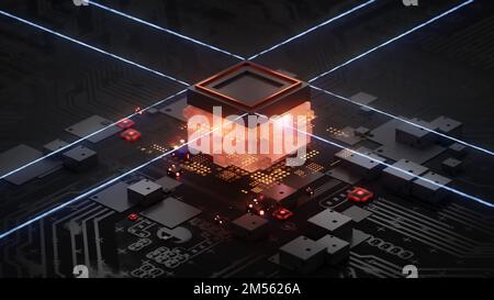 Isometric AI with cube on a dark circuit board background, illustration in the form of a landing page for a web site, a server processing big data. 3d Stock Photo