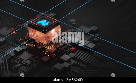 Isometric AI with cube on a dark circuit board background, illustration in the form of a landing page for a web site, a server processing big data. 3d Stock Photo
