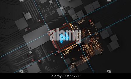 Futuristic microchip processor with lights blue AI background. Quantum computer, large data processing, database concept. CPU isometric banner. Centra Stock Photo