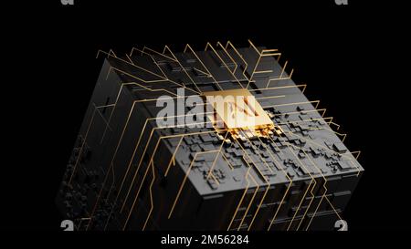 Circuit cube board with gold AI chip. Central Computer Processors CPU concept. 3d rendering, conceptual image. Stock Photo