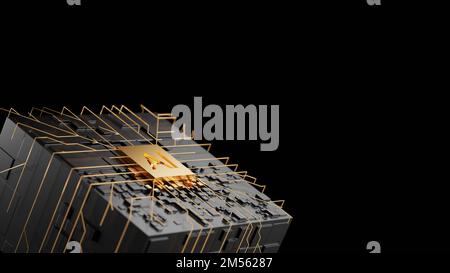 Gold Ai chipset on circuit board working on data analysis in futuristic concept suitable for future technology artwork , Background or web banner. 3d Stock Photo