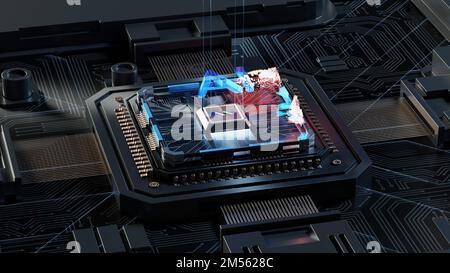 Futuristic microchip processor with lights on the black background. Quantum computer, large data processing, database concept. CPU isometric. Central Stock Photo