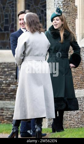 Sandringham, UK. 25 December, 2022.  Princess Beatrice of York attends the Christmas Day service at Sandringham Church. Stock Photo