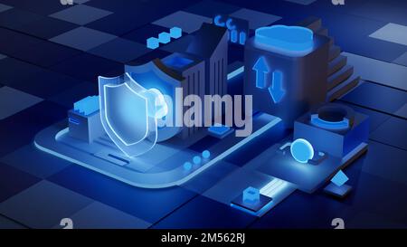Cloud storage for downloading an isometric. A digital service or application with data transmission. Network computing technologies. Futuristic Server Stock Photo