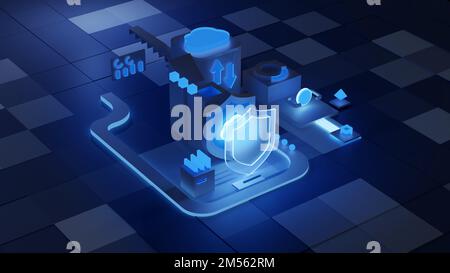 Cloud storage for downloading an isometric. A digital service or application with data transmission. Network computing technologies. Futuristic Server Stock Photo