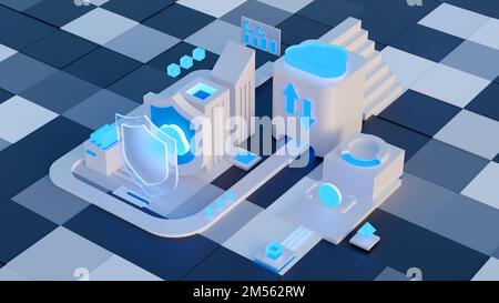 Cloud storage for downloading an isometric. A digital service or application with data transmission. Network computing technologies. Futuristic Server Stock Photo