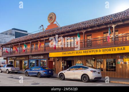 Monterey, CA, USA – December 16, 2022: Street view of the historic Bear Flag Building located on Cannery Row in Monterey, California. Stock Photo