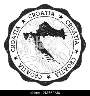 Croatia outdoor stamp. Round sticker with map of country with topographic isolines. Vector illustration. Can be used as insignia, logotype, label, sti Stock Vector