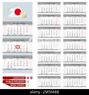 Japanese Wall calendar planner template for 2023 year. Japanese and English language. Week starts from Monday. Ready for print. Vector Illustration. Stock Vector