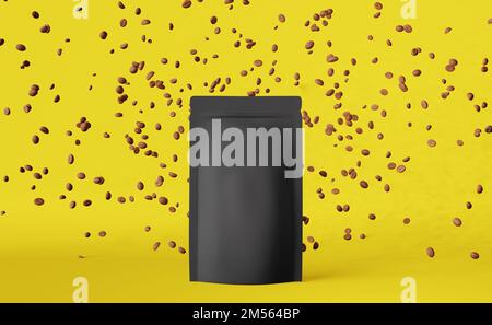 Black matte pouch bags falling coffee beans 3D rendering yellow design ...