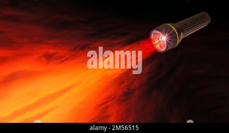 Black flashlight switched on and sending a beam onto a red and yellow sunset sky background. Concept shedding light, bright idea, innovation, security Stock Photo
