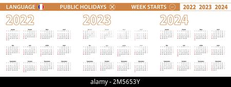 2022, 2023, 2024 year vector calendar in French language, week starts on Sunday. Vector calendar. Stock Vector