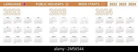 2022, 2023, 2024 year vector calendar in English language, week starts on Sunday. Vector calendar. Stock Vector