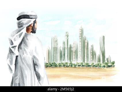 Arab man looking to the Marina beach. Dubai, United Arab Emirates. Hand drawn watercolor illustration isolated on white background Stock Photo