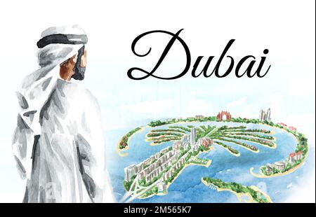 Arab man looking to the Palm Jumeirah, artificial island, Dubai, United Arab Emirates. Hand drawn watercolor illustration isolated on white background Stock Photo