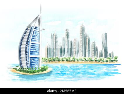 Burj al arab and Marina beach. Dubai, United Arab Emirates. Hand drawn watercolor illustration isolated on white background Stock Photo