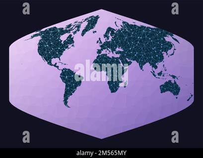 Abstract telecommunication world map. Baker Dinomic projection. World network map. Wired globe in Baker projection on geometric low poly background. Stock Vector