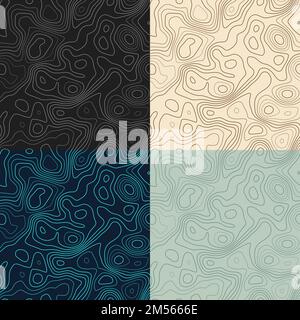 Topography patterns. Seamless elevation map tiles. Appealing isoline background. Radiant tileable patterns. Vector illustration. Stock Vector