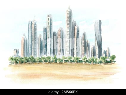 Marina beach. Dubai, United Arab Emirates. Hand drawn watercolor illustration isolated on white background Stock Photo