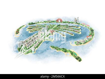 Palm Jumeirah, artificial island, Dubai, United Arab Emirates, Top view. Hand drawn watercolor illustration isolated on white background Stock Photo