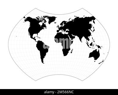 World map with meridians. Ginzburg IX projection. Plan world geographical map with graticlue lines. Vector illustration. Stock Vector