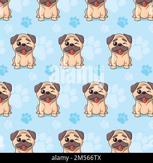 Cute seamless pattern with cartoon Pug and paws. Stock Vector