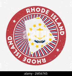 Rhode Island round stamp. Logo of US state with state flag. Vintage badge with circular text and stars, vector illustration. Stock Vector