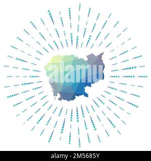 Shape of Cambodia, polygonal sunburst. Map of the country with colorful star rays. Cambodia illustration in digital, technology, internet, network sty Stock Vector