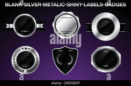 A vector of the silver and metallic shiny badges isolated on a dark background Stock Vector