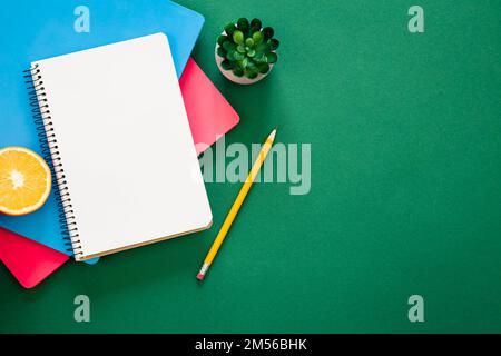Notebooks on green background, school concept, flat lay. Stock Photo