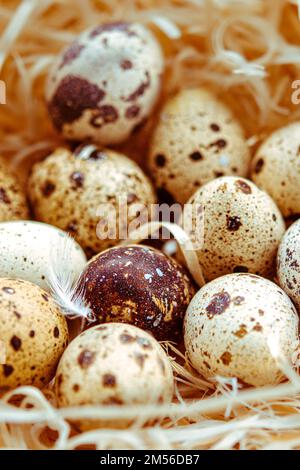 Quail eggs in a straw nest. Diet Stock Photo
