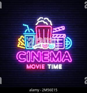 Movie Time Neon Logo Vector. Cinema Night neon sign, design template, modern trend design, night neon signboard, night light advertising, light banner Stock Vector