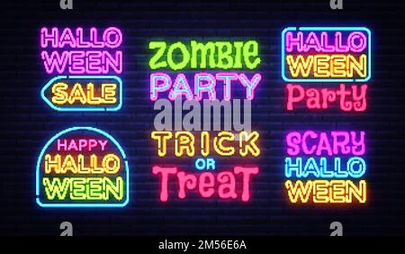 Big Collection neon signs for Halloween. Halloween neon logo vector, light banner design element colorful modern design trend, night bright advertisin Stock Vector