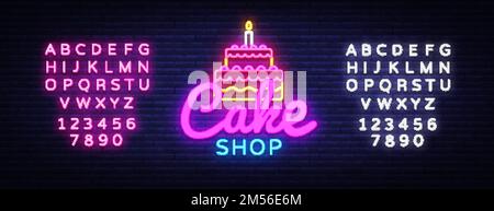 Cake Shop neon sign vector. Sweets Shop Design template neon sign, light banner, neon signboard, nightly bright advertising, light inscription. Vector Stock Vector