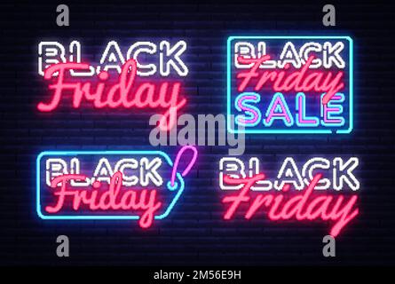 Big collectin neon signs for Black Friday. Neon Banner Vector. Black Friday neon sign, design template, modern trend design, night neon signboard, nig Stock Vector