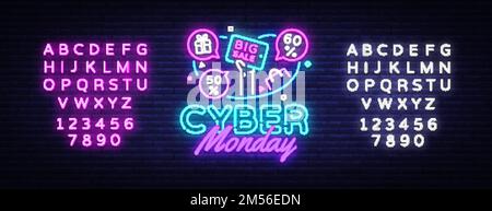 Cyber Monday Sale neon banner vector design template. Cyber Monday Big discounts neon logo, light banner design element colorful modern design trend, Stock Vector