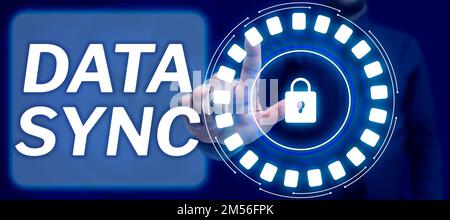 Hand writing sign Data Sync. Word for data that is continuously generated by different sources Stock Photo