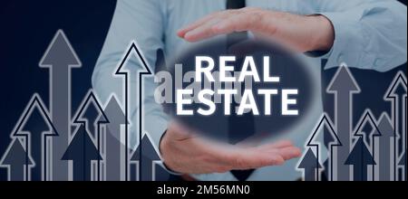 Sign displaying Real Estate. Internet Concept the property consisting of land and the buildings on it Stock Photo