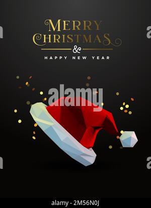 Merry Christmas Happy New Year greeting card with santa claus red hat in low poly 3d design. Holiday decoration with luxury gold party confetti. Stock Vector