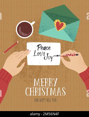 Merry christmas greeting card design of hand drawn cartoon illustration for family holiday. Womans hands write letter with text peace, love, joy on a Stock Vector