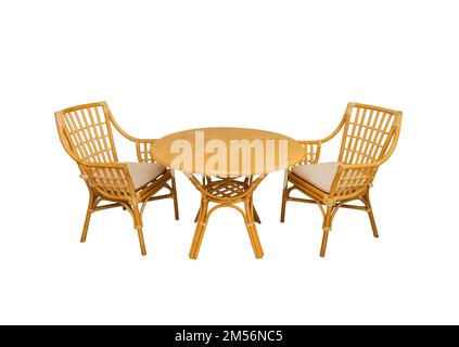 Wooden table and two chairs on a white background Stock Photo