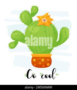 Indoor plant flowerpot. Prickly green tropical cactus with flower. Co cool - motivational phrase. Vector illustration in flat style For cards, decor, Stock Vector